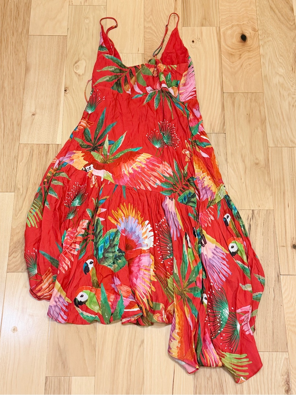 Farm Rio Women’s Asymmetrical Spaghetti Strap Macaw Wrap Midi Dress - Picture 3 of 5